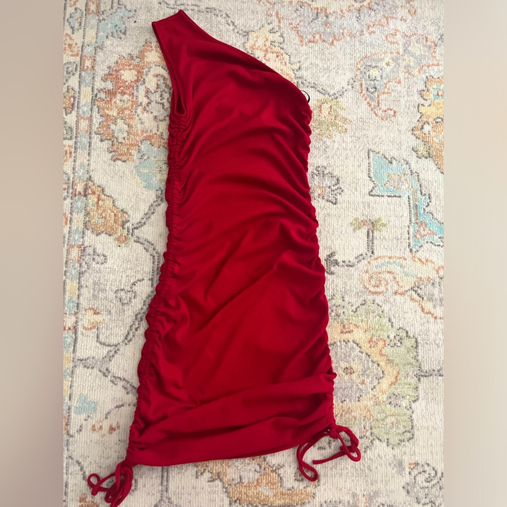 Red One-Shoulder Ruched Mini Dress